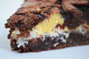 Coconut Caramel Brownie Pie: Rich, decadent and fudgy brownie pie with a sweet coconut and buttery caramel center.
