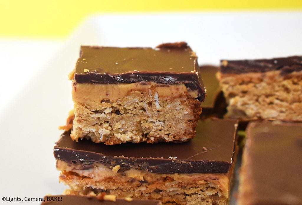 Peanut butter bars on a plate.