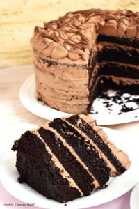 Nutella Chocolate Cake is a dense and fluffy chocolate mud cake with a creamy Nutella Buttercream filling and topping and finished with Nutella drizzled overtop. #nutellacake #nutellachocolatecake #chocolatecake #bestchocolatecake #nutellalayercake