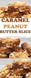 Caramel Peanut Butter Slice is a gooey, chewy, buttery and oh-so-delicious peanut butter cookie bar stuffed with caramel sauce and speckled with white chocolate and chocolate chips. #peanutbuttercookeis #caramelcookiebars #caramelcookiebars #peanutbuttercaramelslice #caramelslice #cookiebars